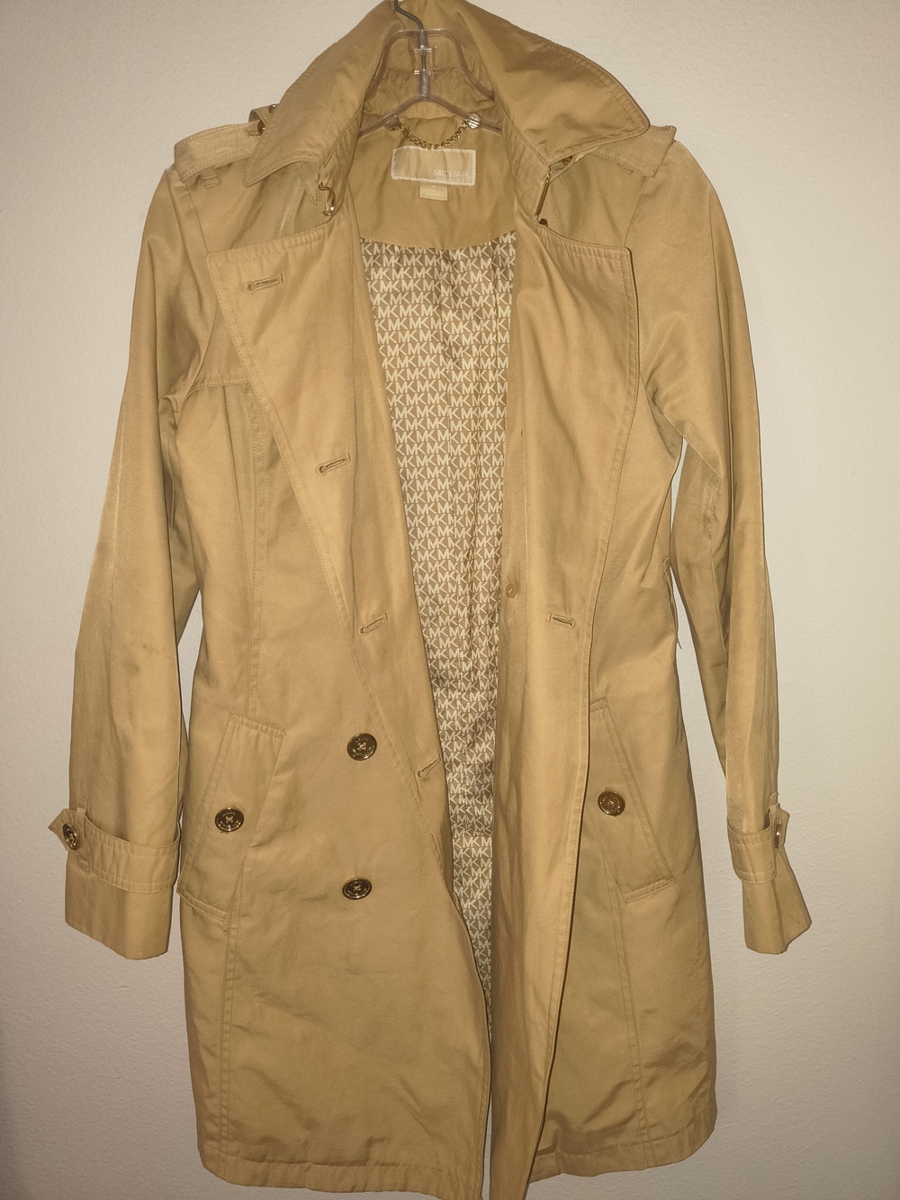 Michael Kors Tan Hooded Trench Coat XS Double Breasted Gold Button Jacket